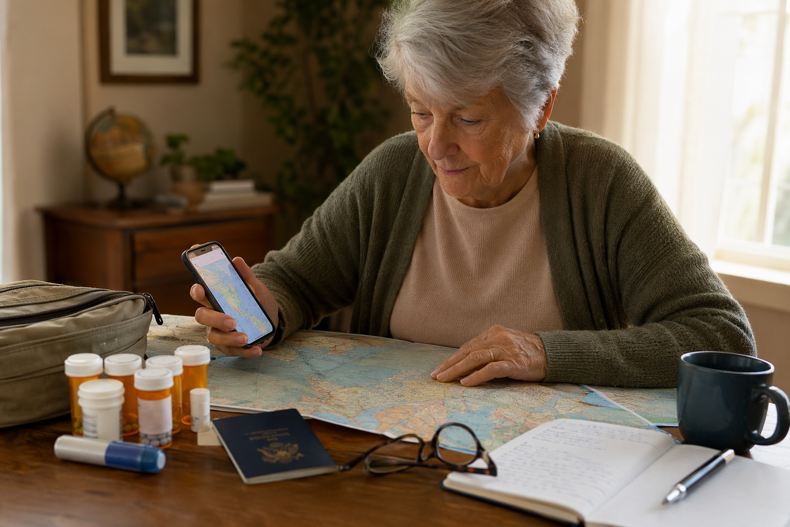 Older adult reviewing a map, passport, smartphone, and prescription medications while preparing for international travel