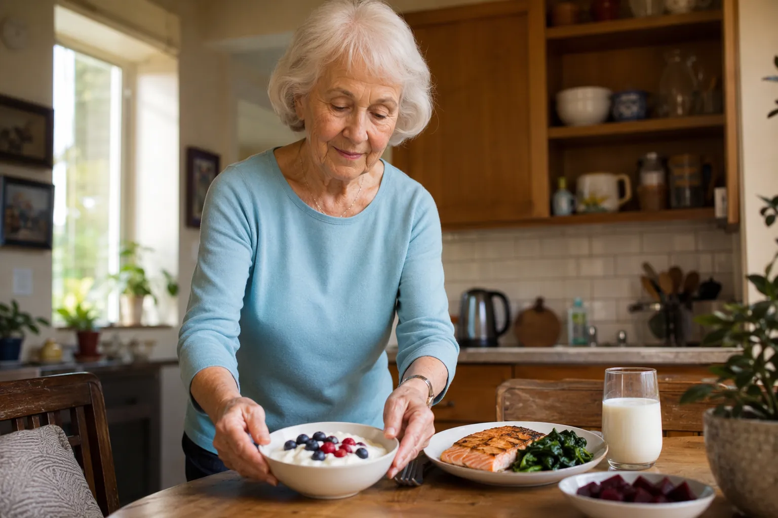 An older woman standing steadily in a kitchen with Greek yogurt, salmon, spinach, milk, and roasted beetroot