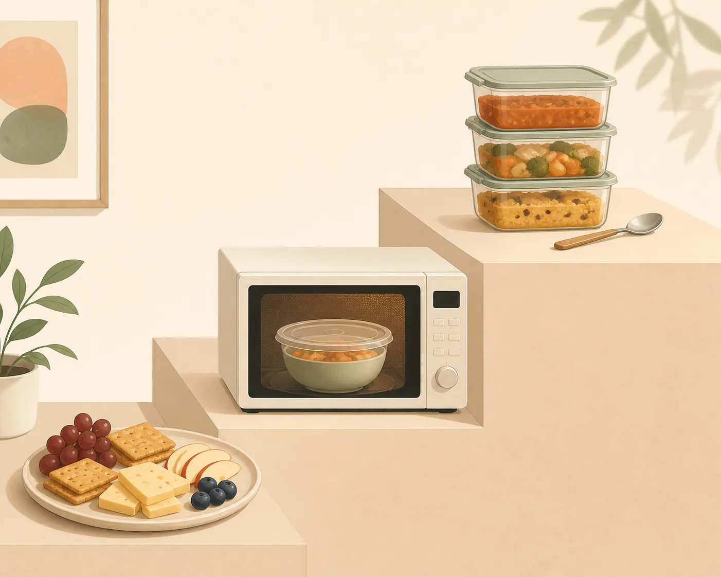 Illustration of a three-step meal effort ladder with no-cook food, a microwave meal, and freezer containers