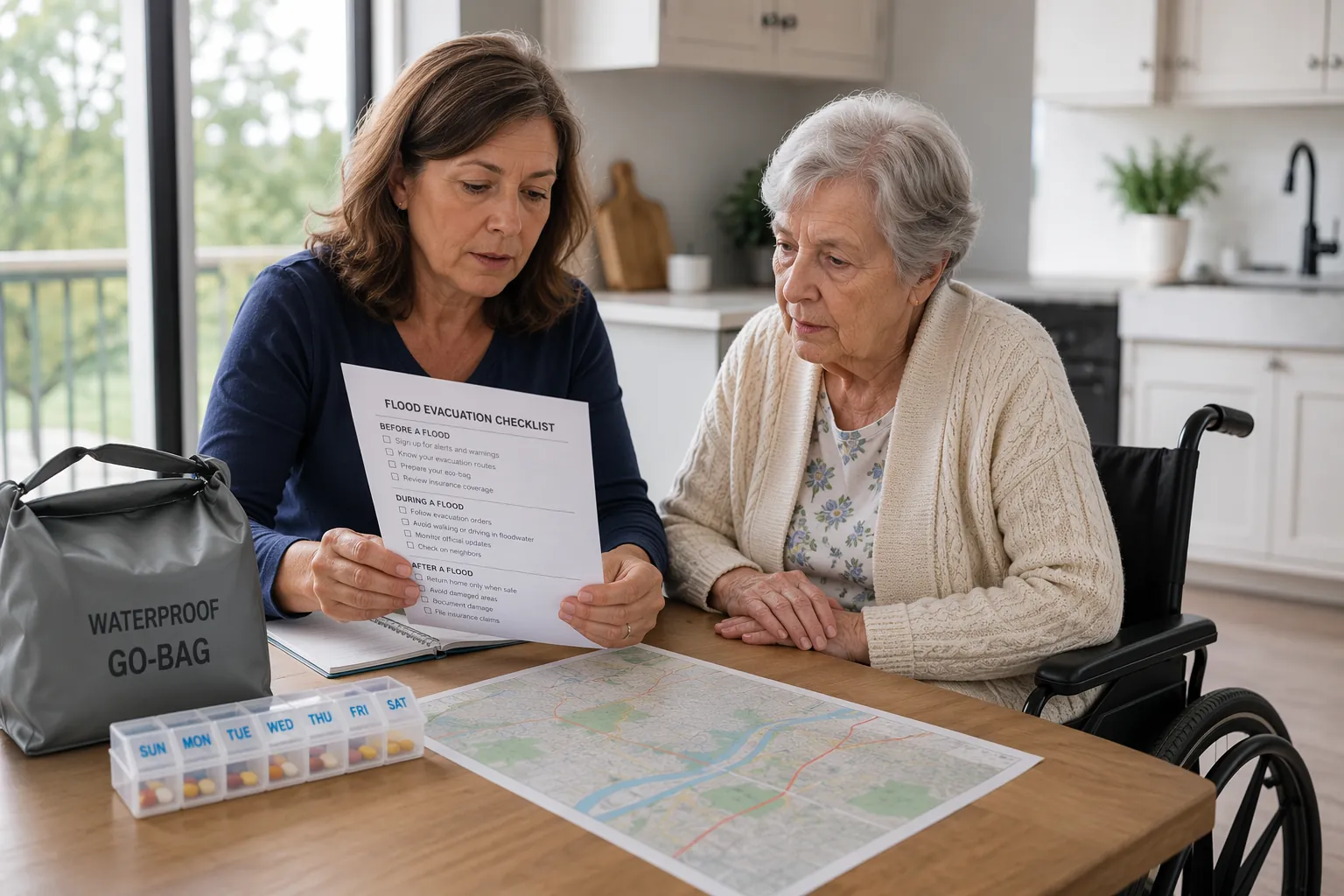 Caregiver and older adult reviewing a flood evacuation checklist with a go-bag, medication organizer, and map