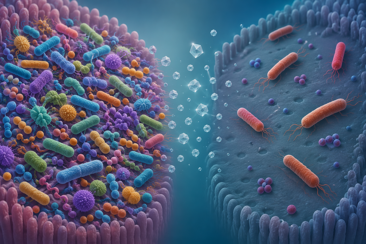 Side-by-side illustration of a diverse gut microbiome and a sparser microbiome after sweetener exposure