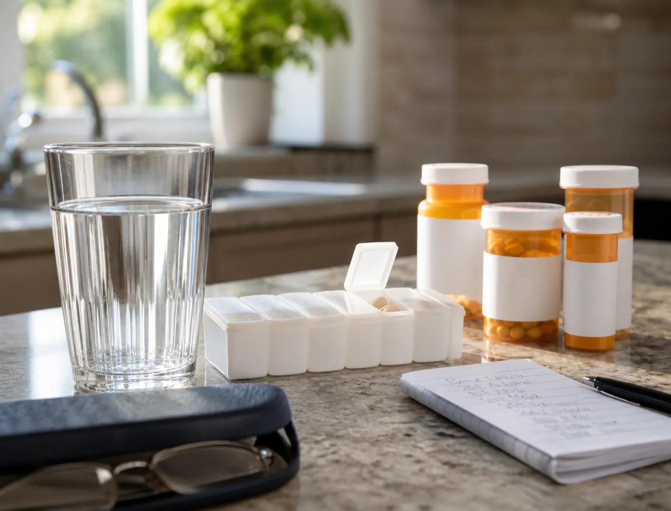 Glass of water beside a weekly pill organizer, prescription bottles, note, and reading glasses case