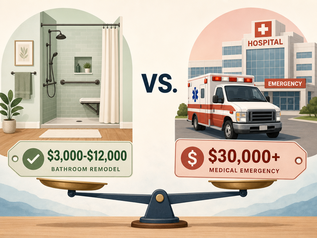Comparison illustration showing a bathroom remodel icon labeled $3,000-$12,000 versus a hospital icon labeled $30,000+, with a balanced scale tilted toward the remodel side.