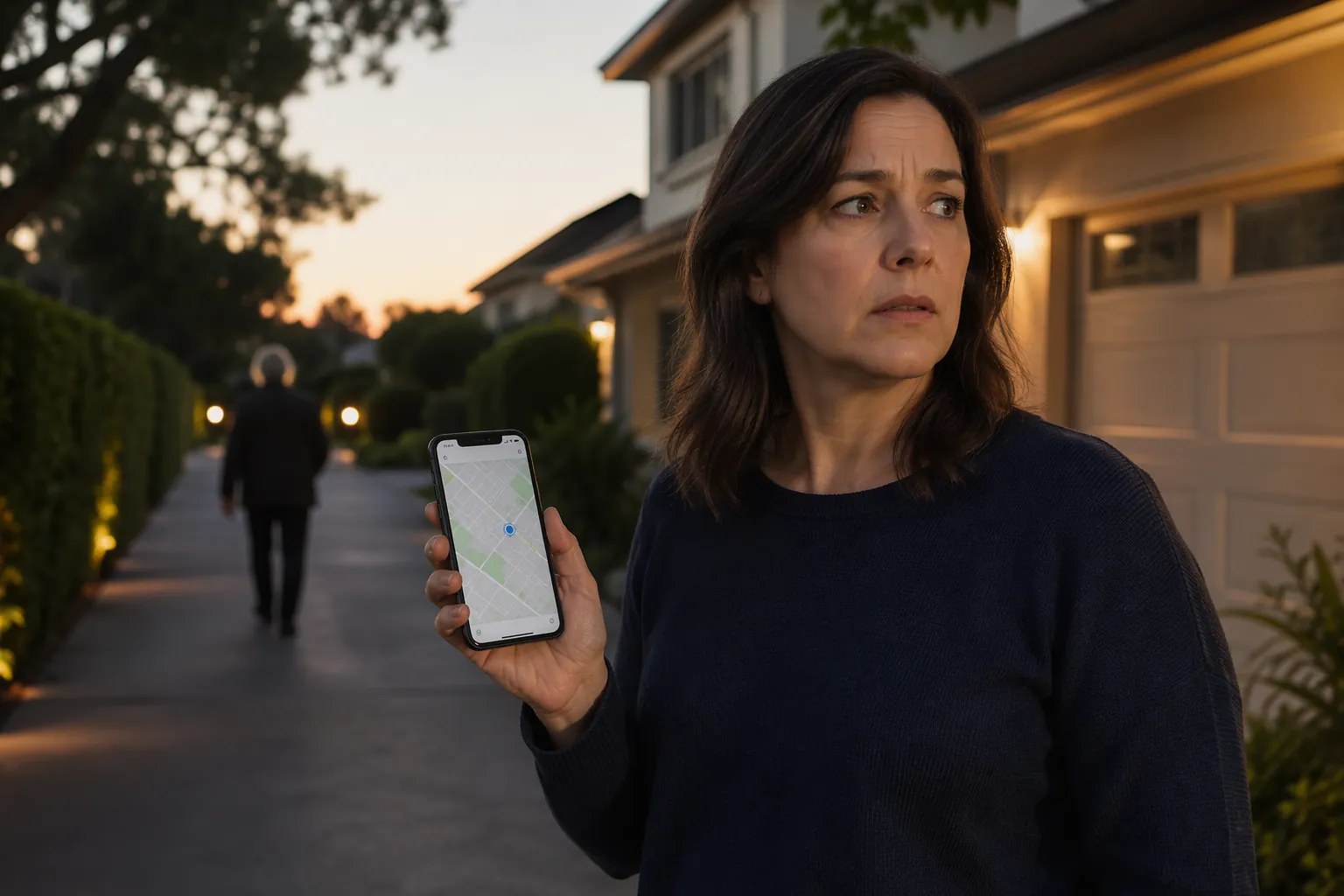 A caregiver in a driveway checking a GPS tracking map while an older adult walks away down the street