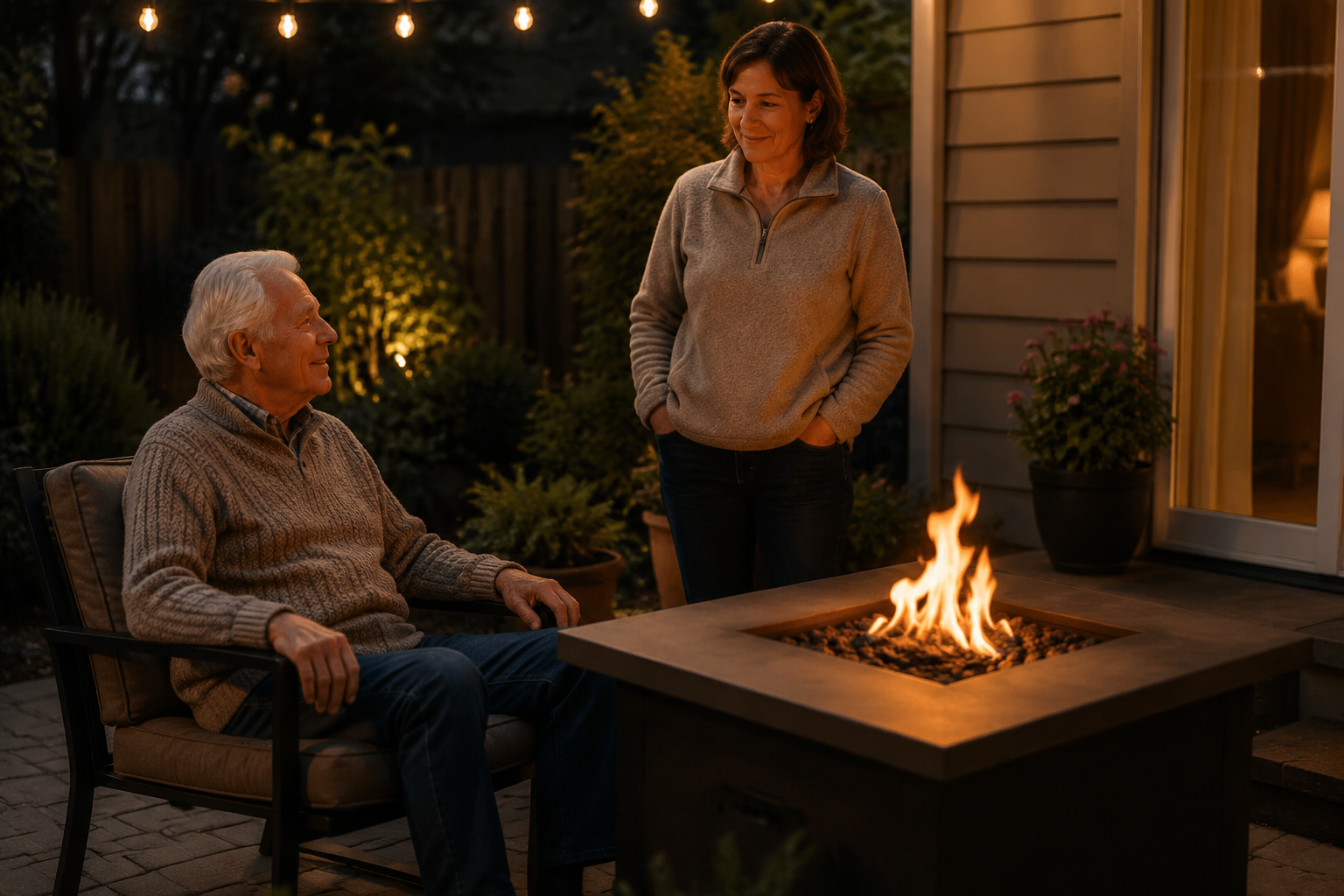 Older man seated beside a table-height backyard fire pit at dusk while an adult daughter stands nearby