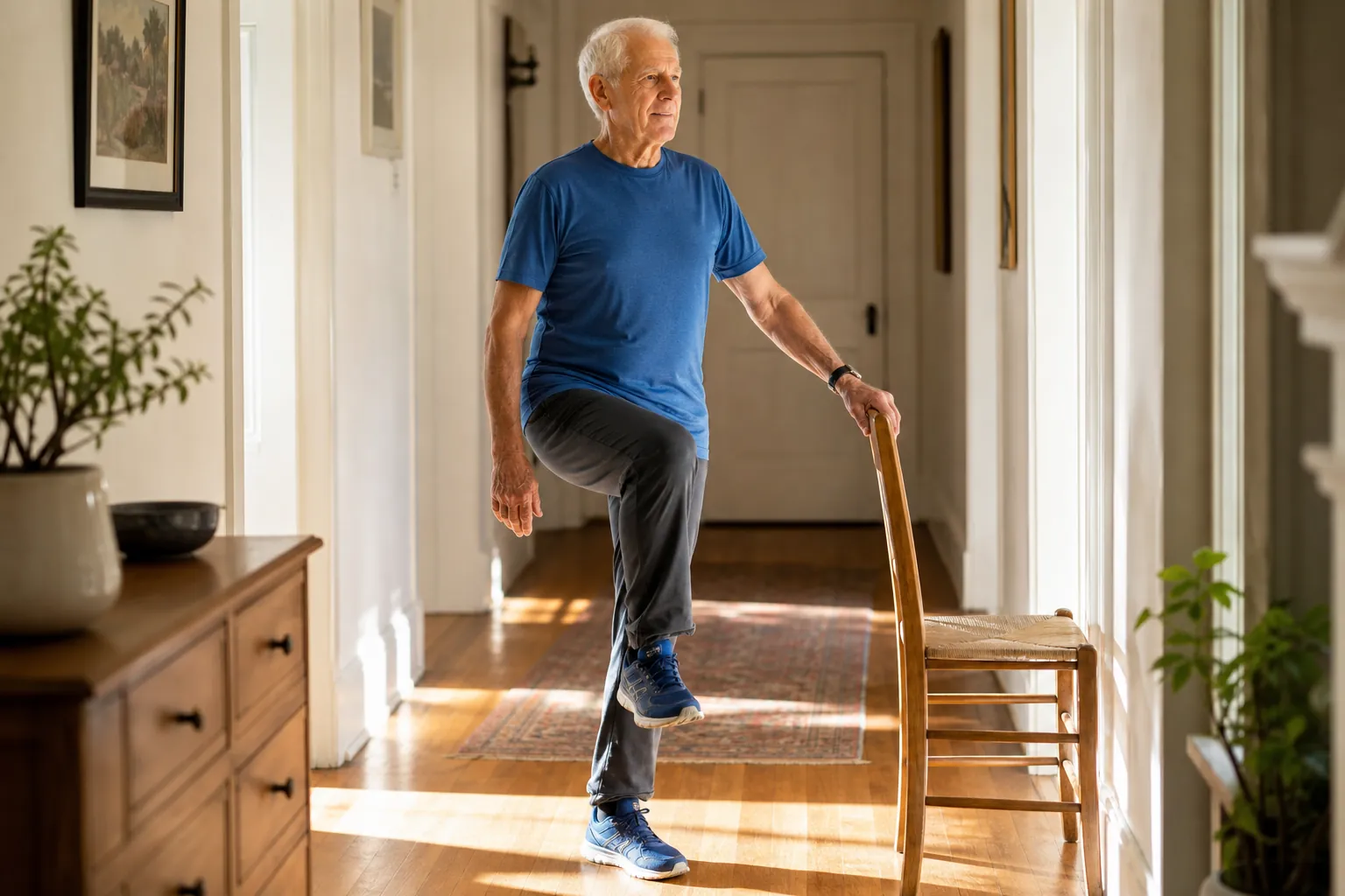 An older man practicing a balance exercise at home while holding the back of a sturdy kitchen chair