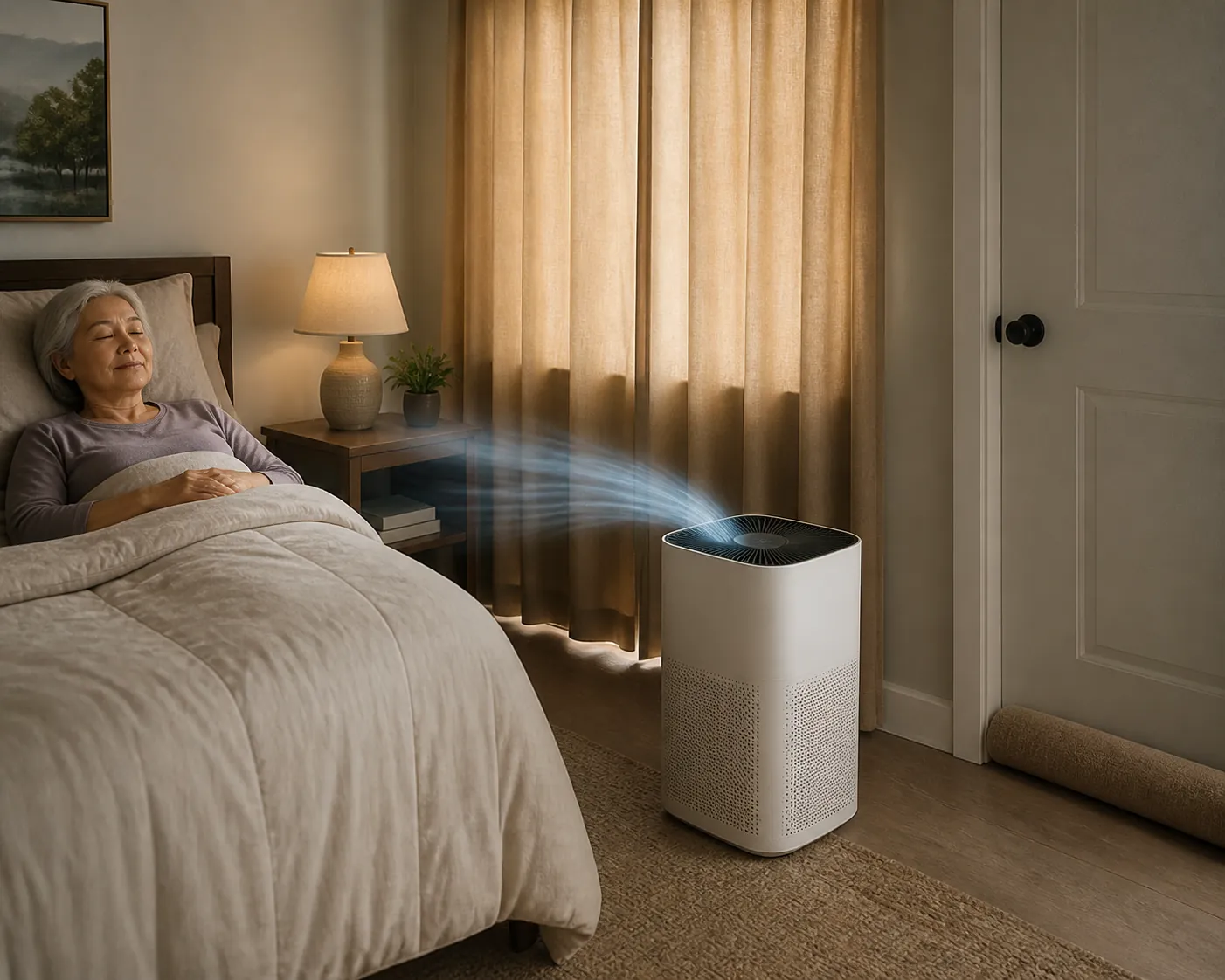 Senior bedroom set up as a clean-air room with a portable air cleaner, closed window, sealed door gap, and older adult resting on the bed