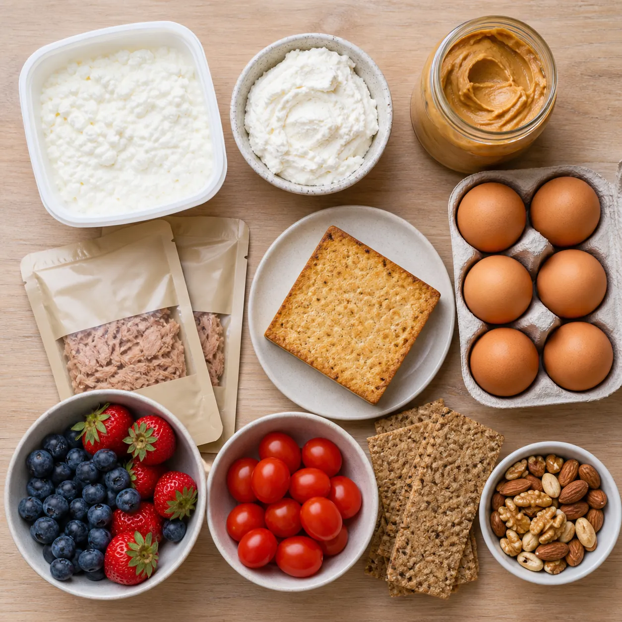 No-cook high-protein staples including cottage cheese, ricotta, peanut butter, eggs, tuna pouches, baked tofu, berries, tomatoes, crackers, and nuts
