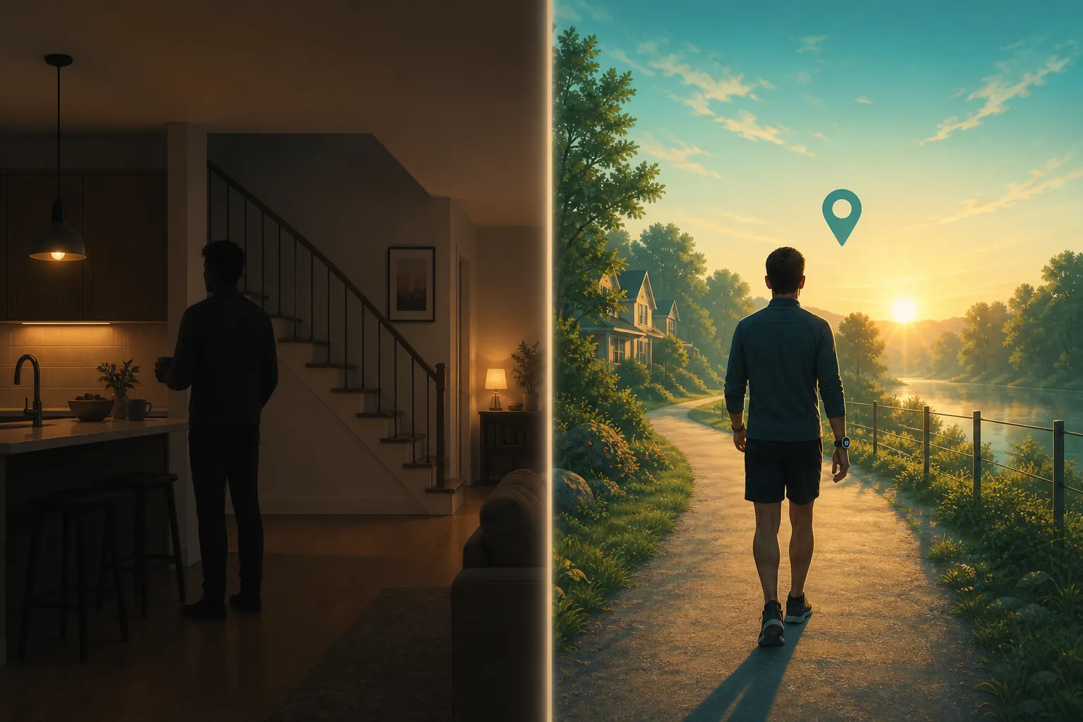 Split scene showing a dim home interior with stairs and a bright outdoor walking trail with a location pin