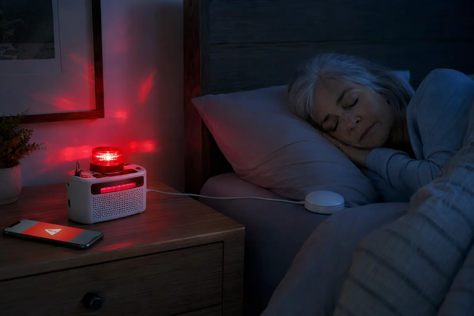Senior woman asleep beside a weather radio with a flashing strobe, smartphone emergency alert, and bed-shaker device