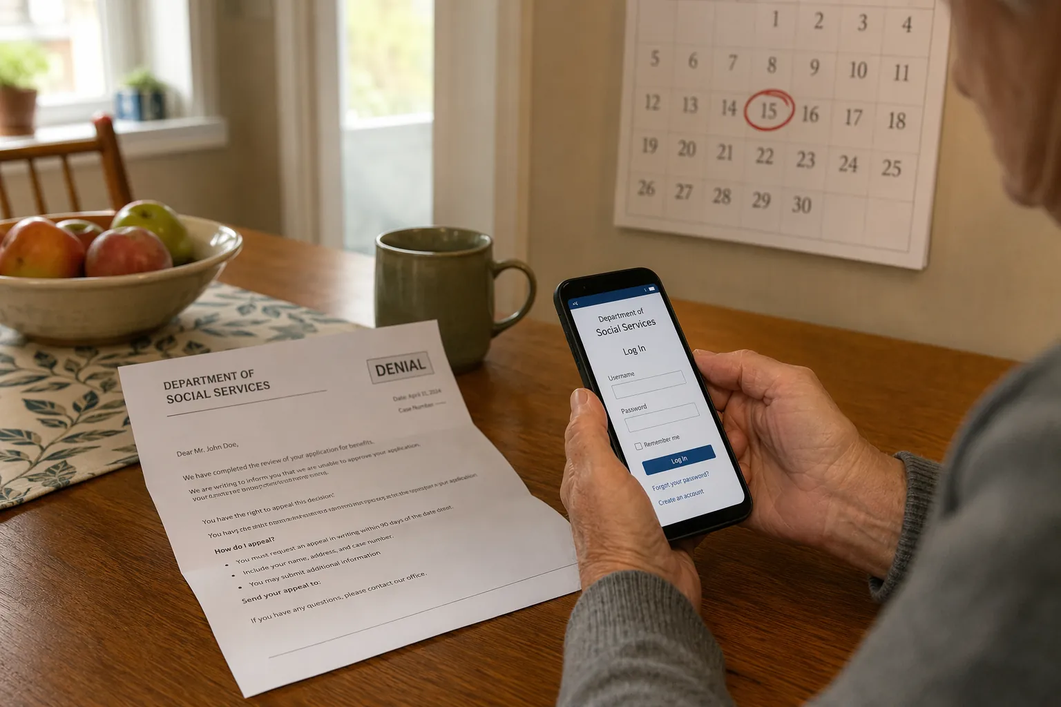 Opened SSA denial letter on a kitchen table with a smartphone login screen and a circled calendar date