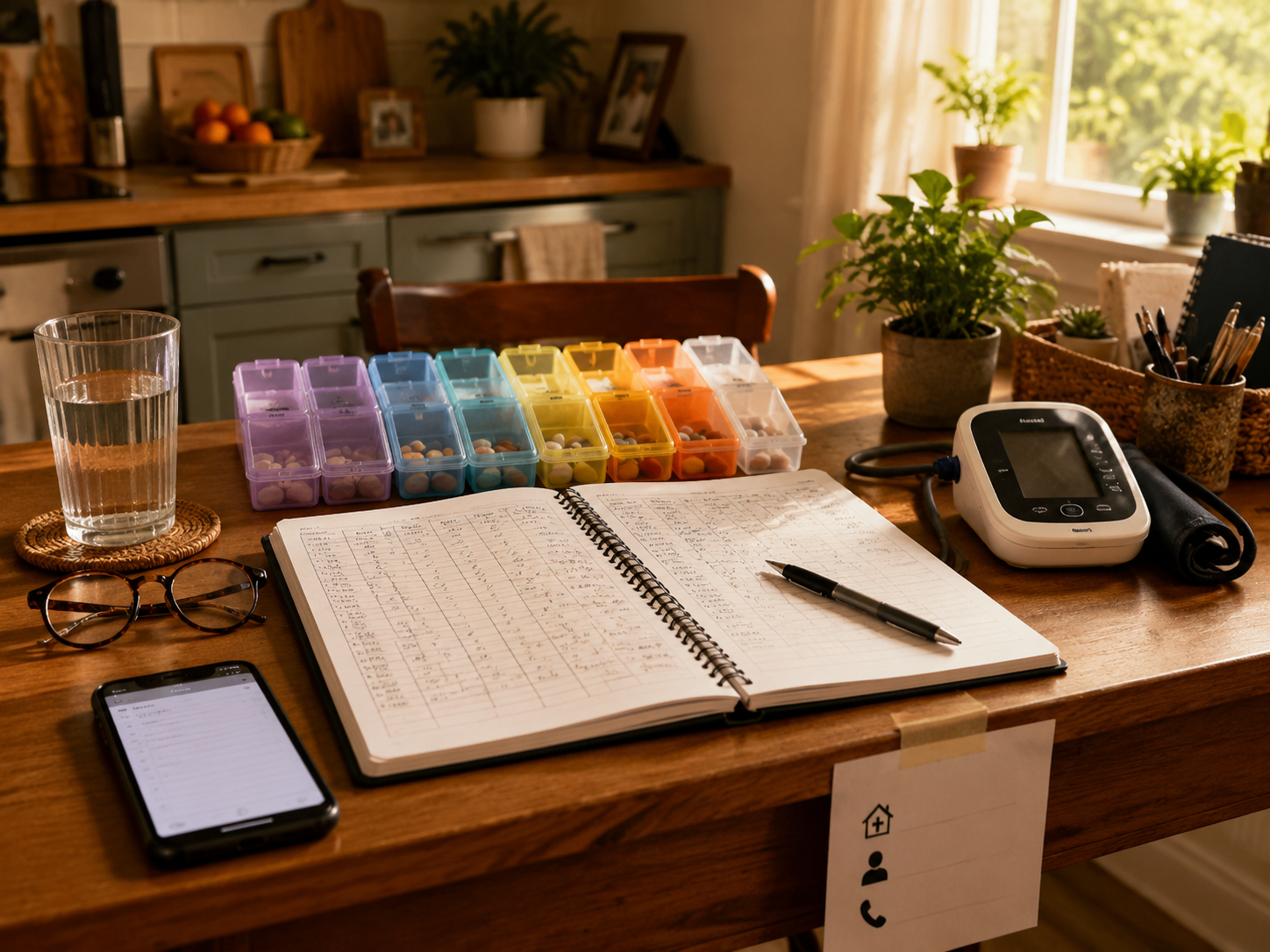 Home monitoring station with daily tracking logbook, pill organizers, phone, water glass, and blood pressure monitor