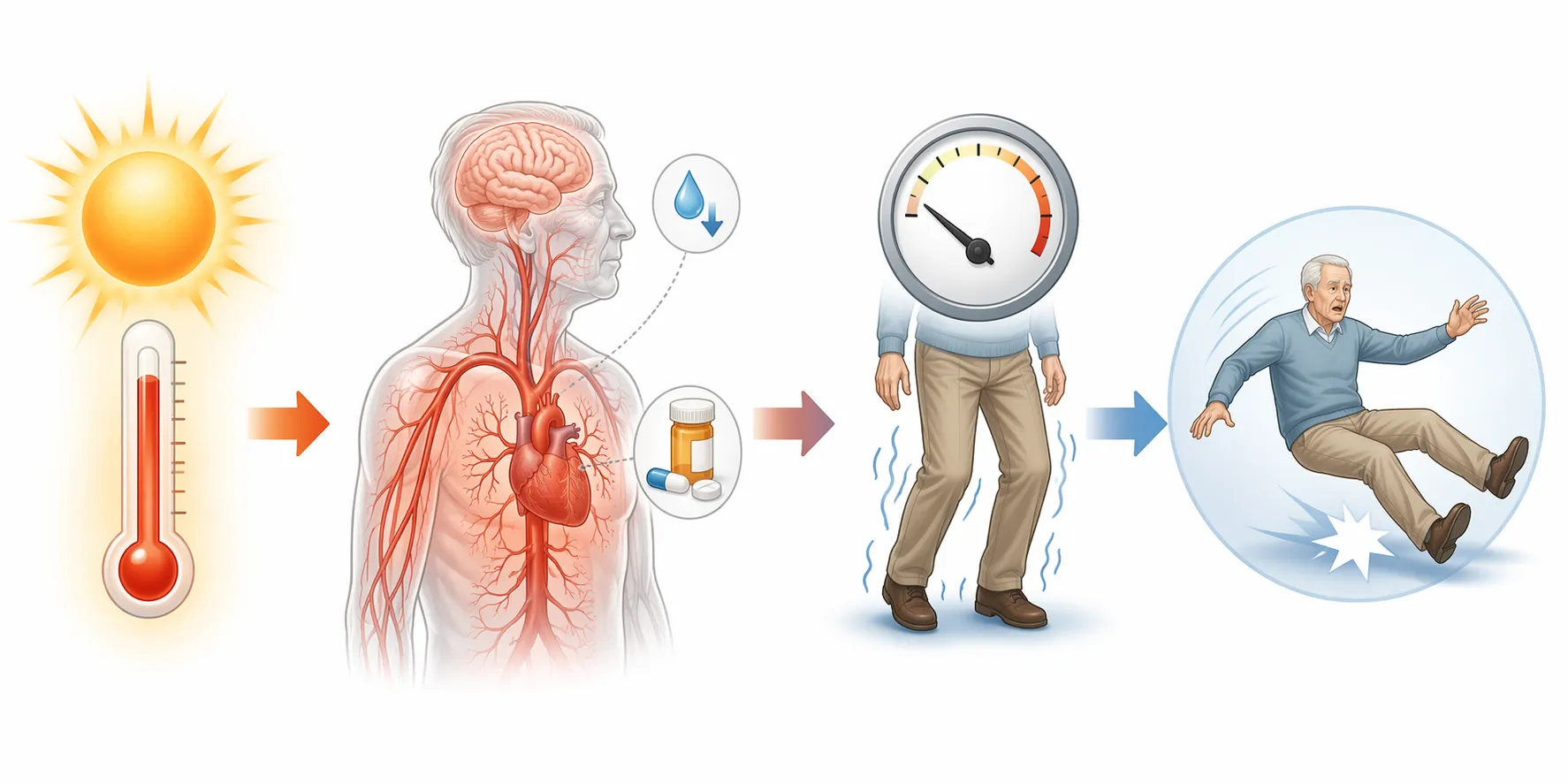 Diagram showing extreme heat leading to reduced thirst, lower blood pressure, unsteady legs, and fall risk