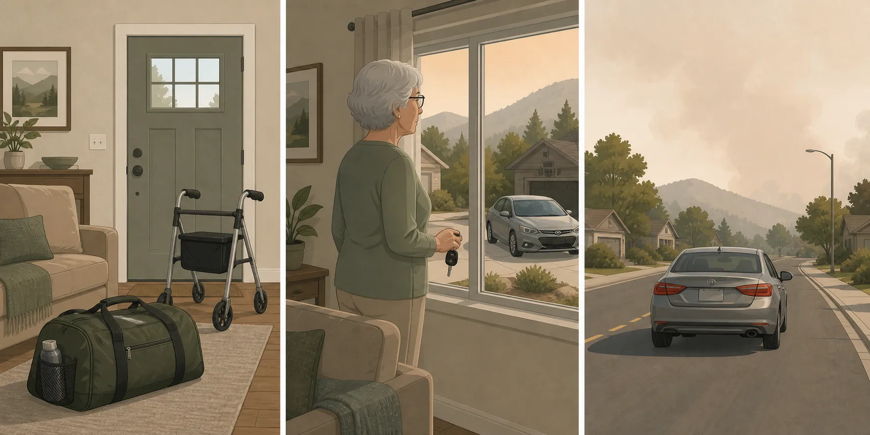 Three-panel illustration showing an older adult's evacuation readiness from packed bag to departure