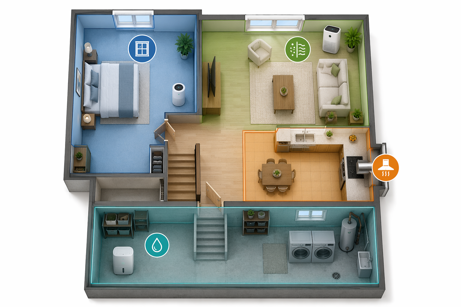 Home floor plan showing bedroom, living area, kitchen, and basement zones for indoor air quality management