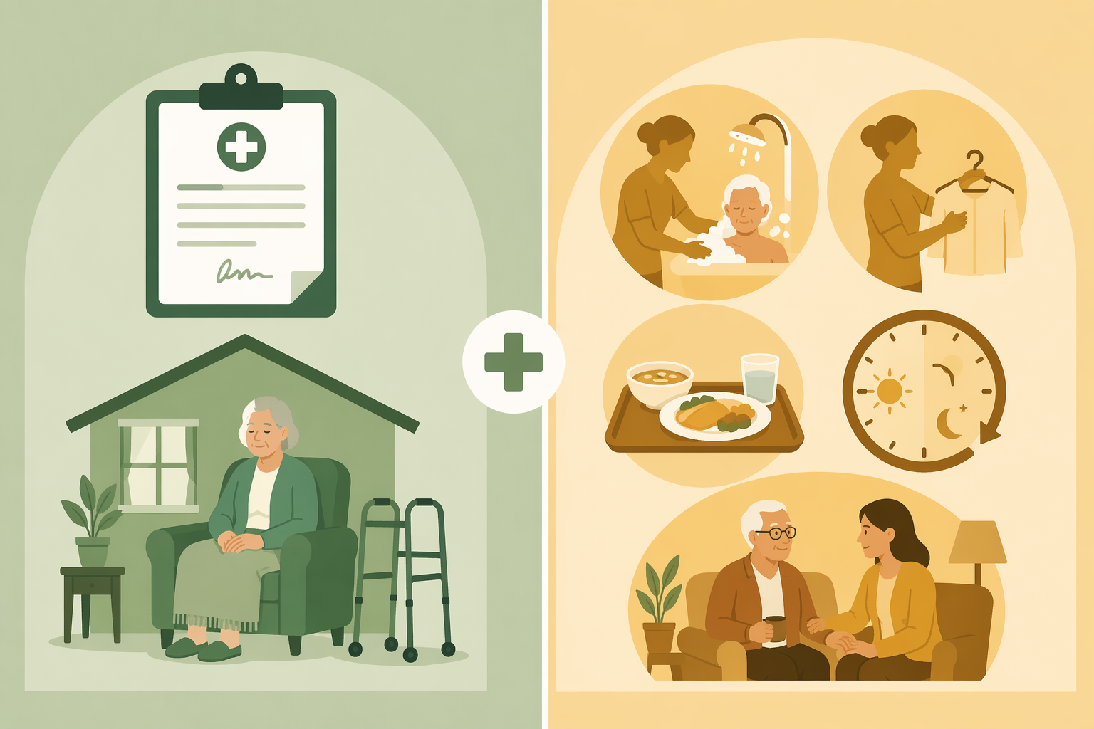 Comparison of Medicare-covered short-term skilled home health care and non-covered custodial care, meals, 24-hour care, and companion care
