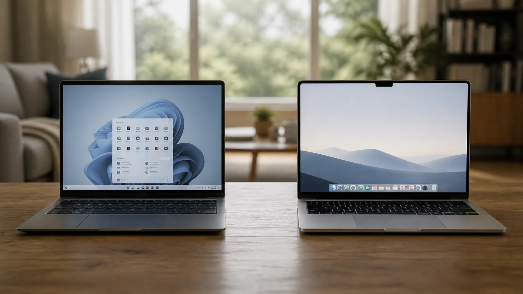 Two open laptops side by side showing different desktop layouts for comparing familiar operating systems