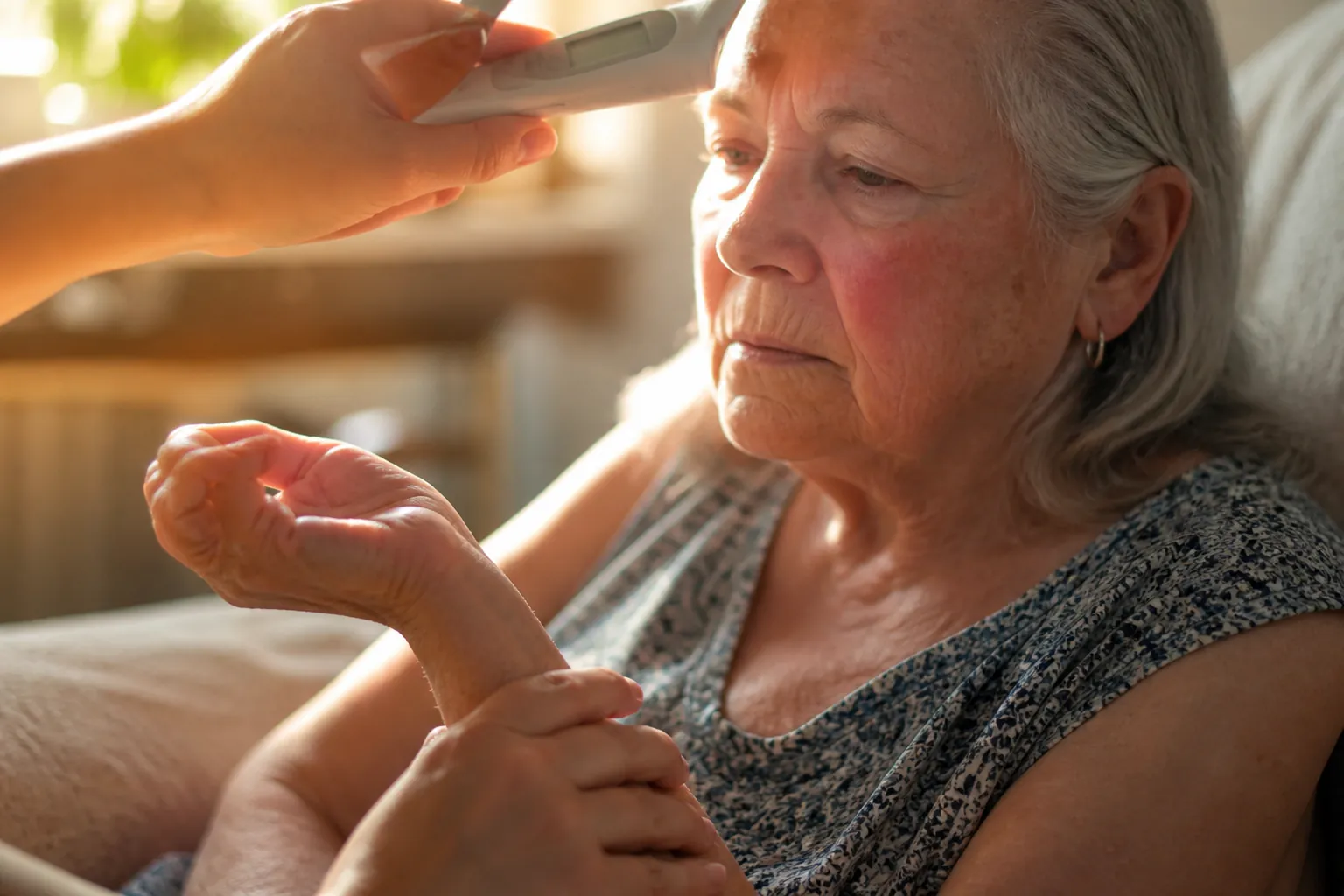 Caregiver checking an older adult's wrist pulse while holding a forehead thermometer nearby