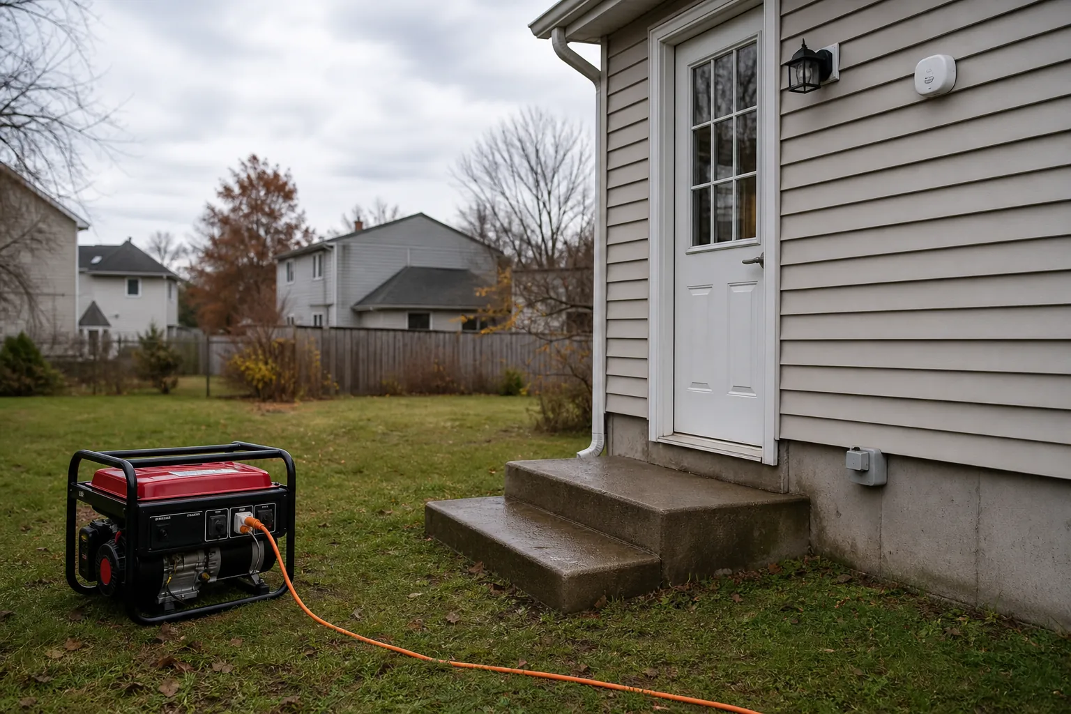 Portable generator running outdoors away from the house with a carbon monoxide detector near the back door