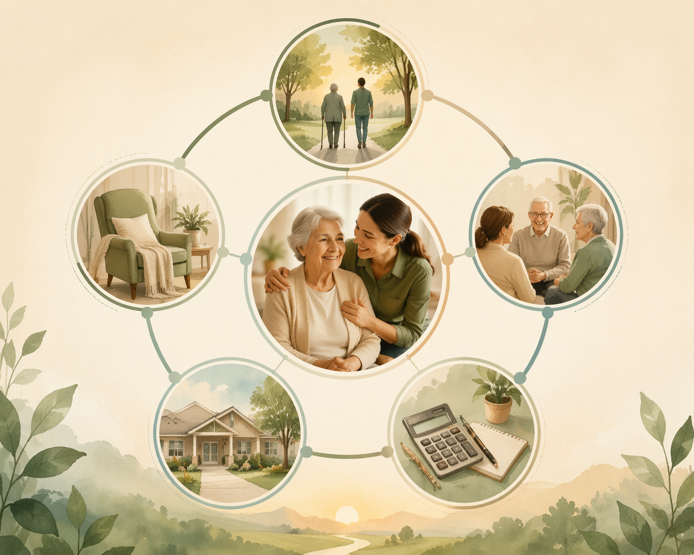 Interconnected decision factors for choosing senior care, including hours, medical needs, social needs, budget, and location