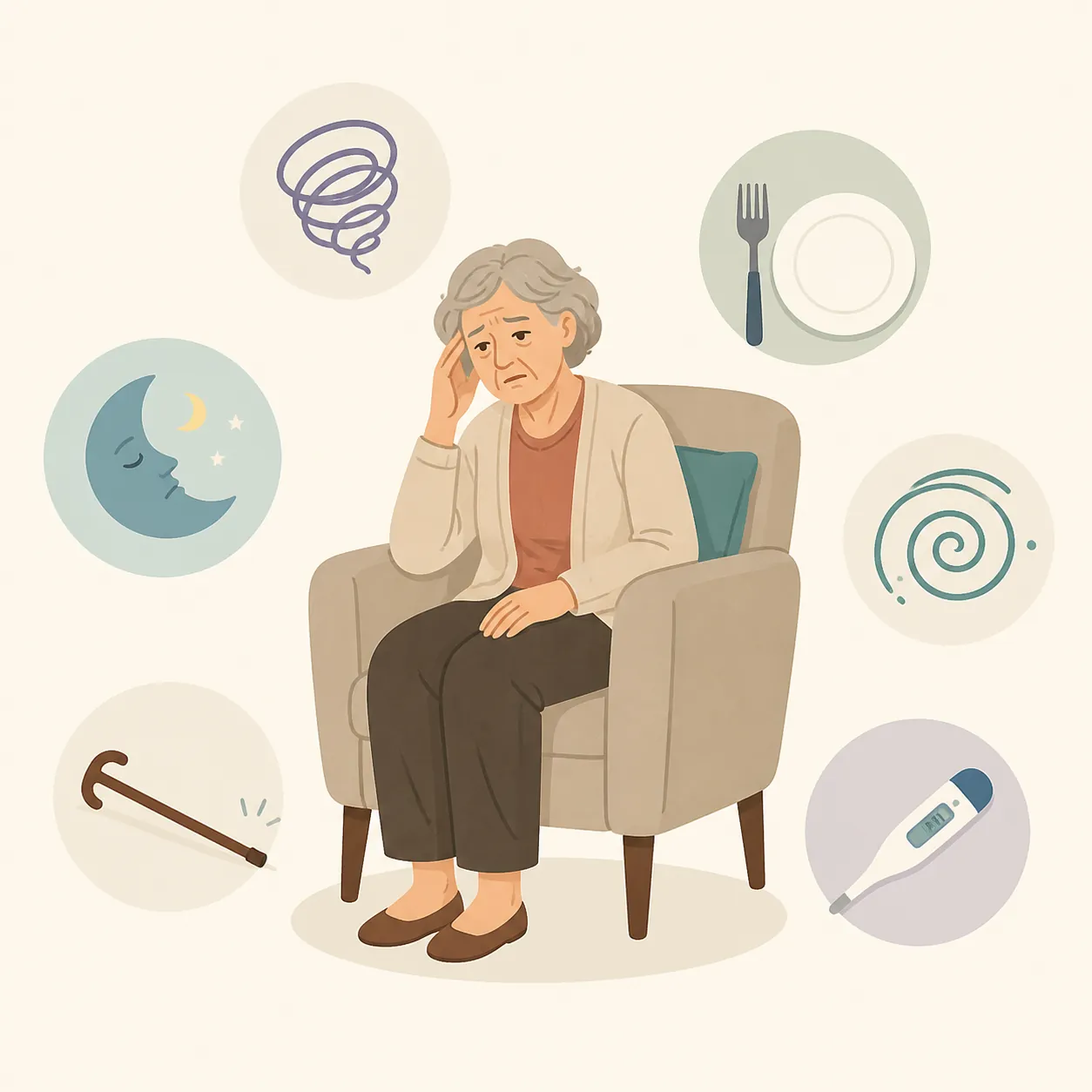 Illustration of an older adult surrounded by icons for confusion, lethargy, appetite loss, dizziness, fall risk, and little or no fever