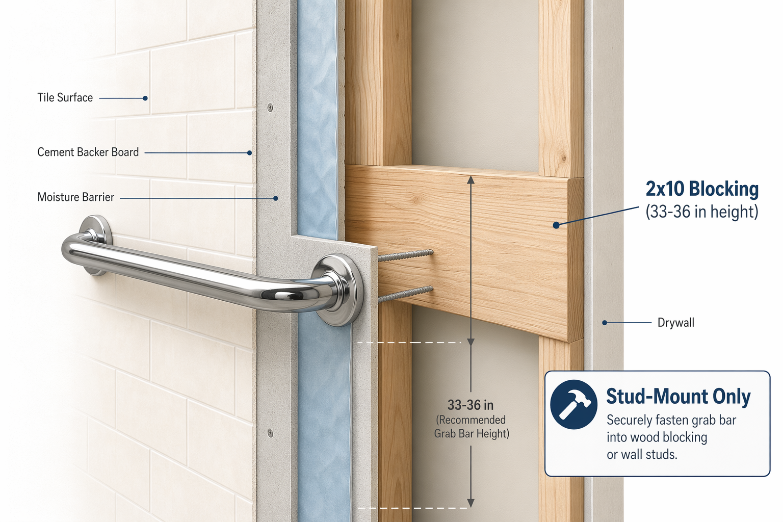 Cross-section cutaway architectural illustration of a bathroom wall showing 2x10 horizontal wood blocking installed between wall studs at 34 inches height behind tile and cement backer board, with a chrome grab bar mounted through the tile surface into the blocking via long screws, with small labels indicating the blocking height range and stud-mount requirement
