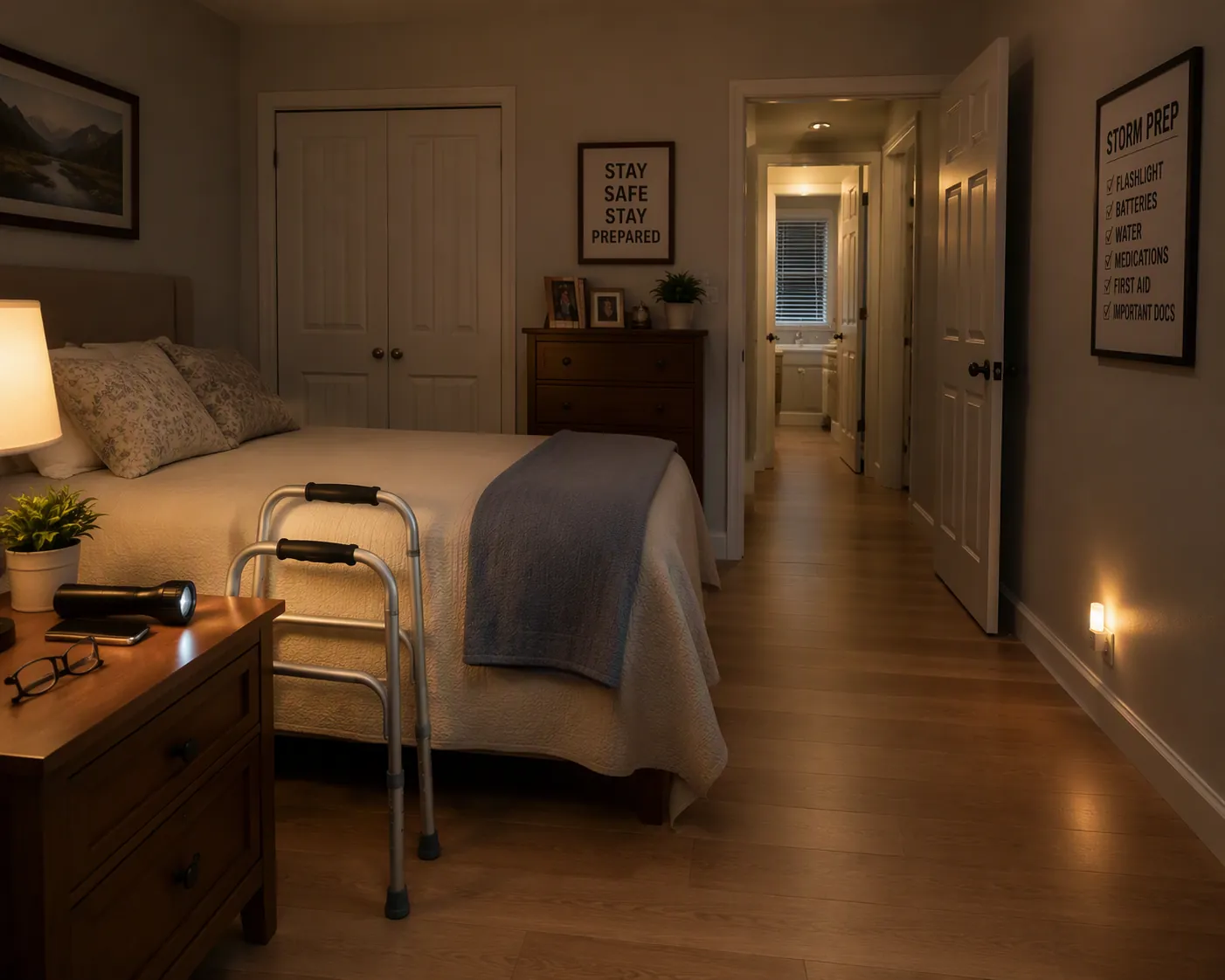 Senior bedroom with flashlight, phone, glasses, walker, clear path to the door, and a nightlight near the doorframe