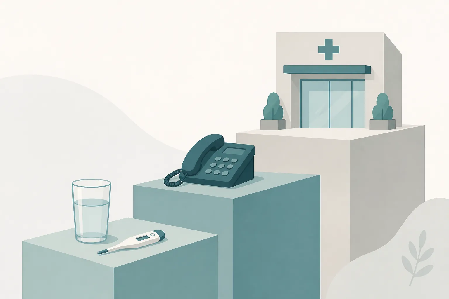 Three ascending steps showing home hydration monitoring, calling a doctor, and going to an emergency room