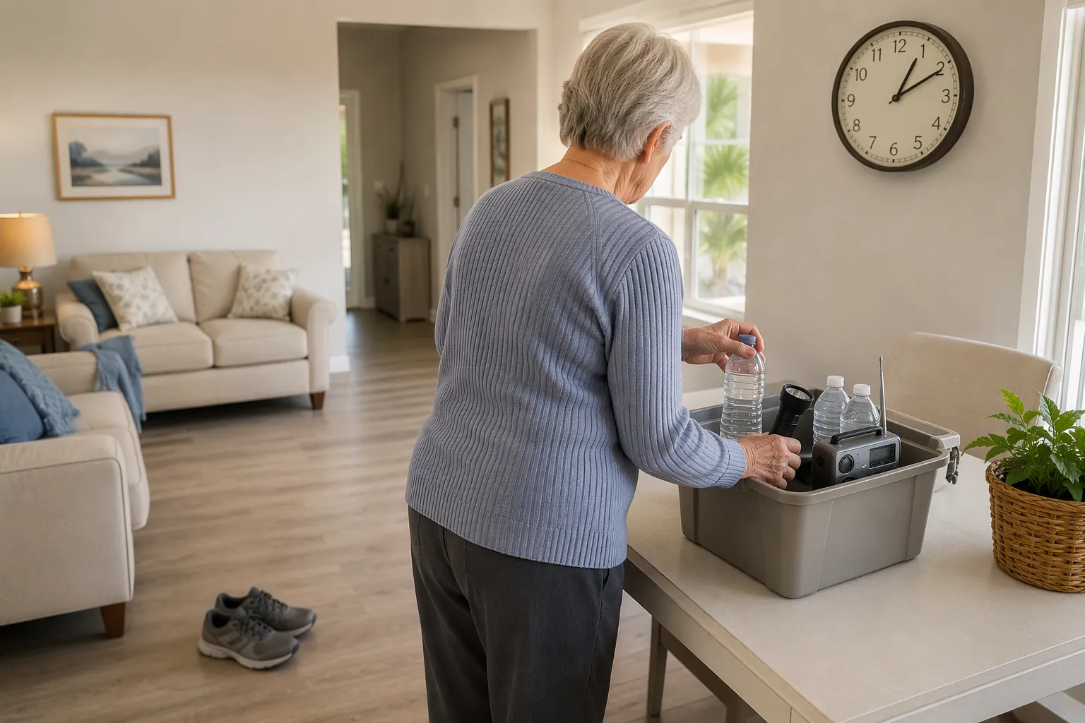 Older adult organizing bottled water, a flashlight, and a radio into a low bin in a clear living room