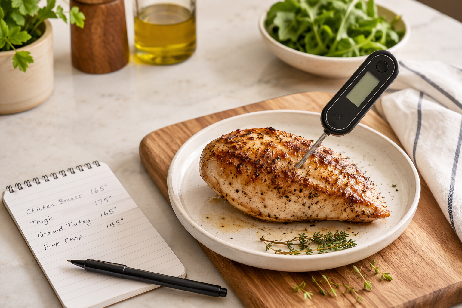 Digital food thermometer inserted into a cooked chicken breast with temperature notes beside the plate
