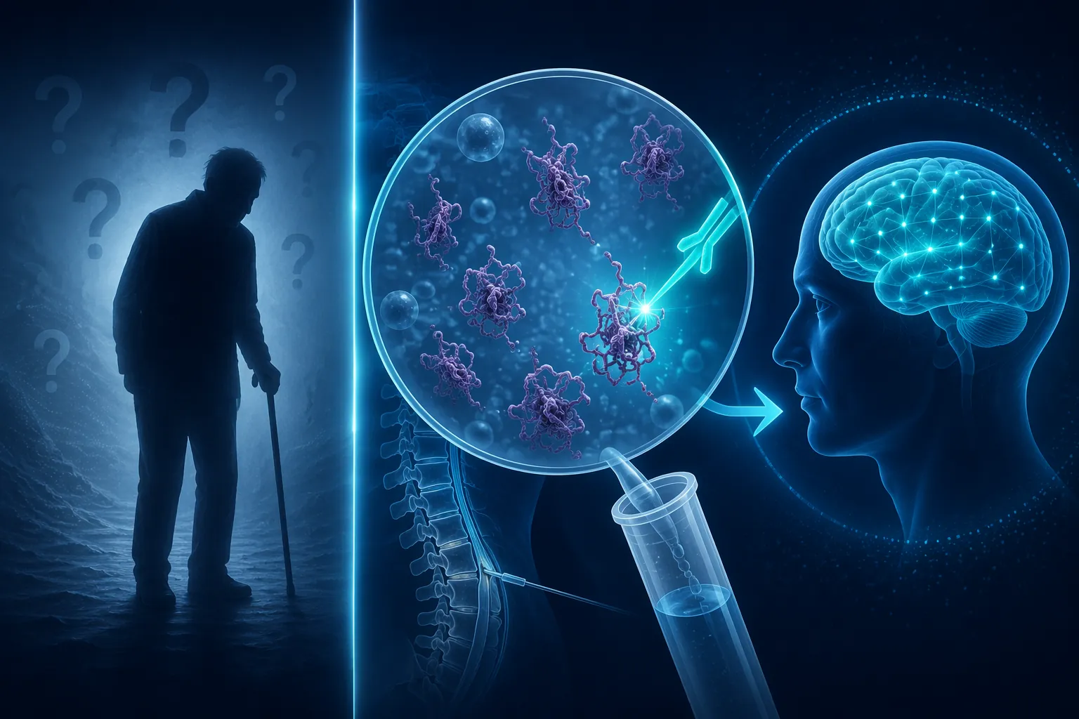 Alpha-synuclein biomarker detection shown as a person with diagnostic uncertainty beside a magnified molecular sample