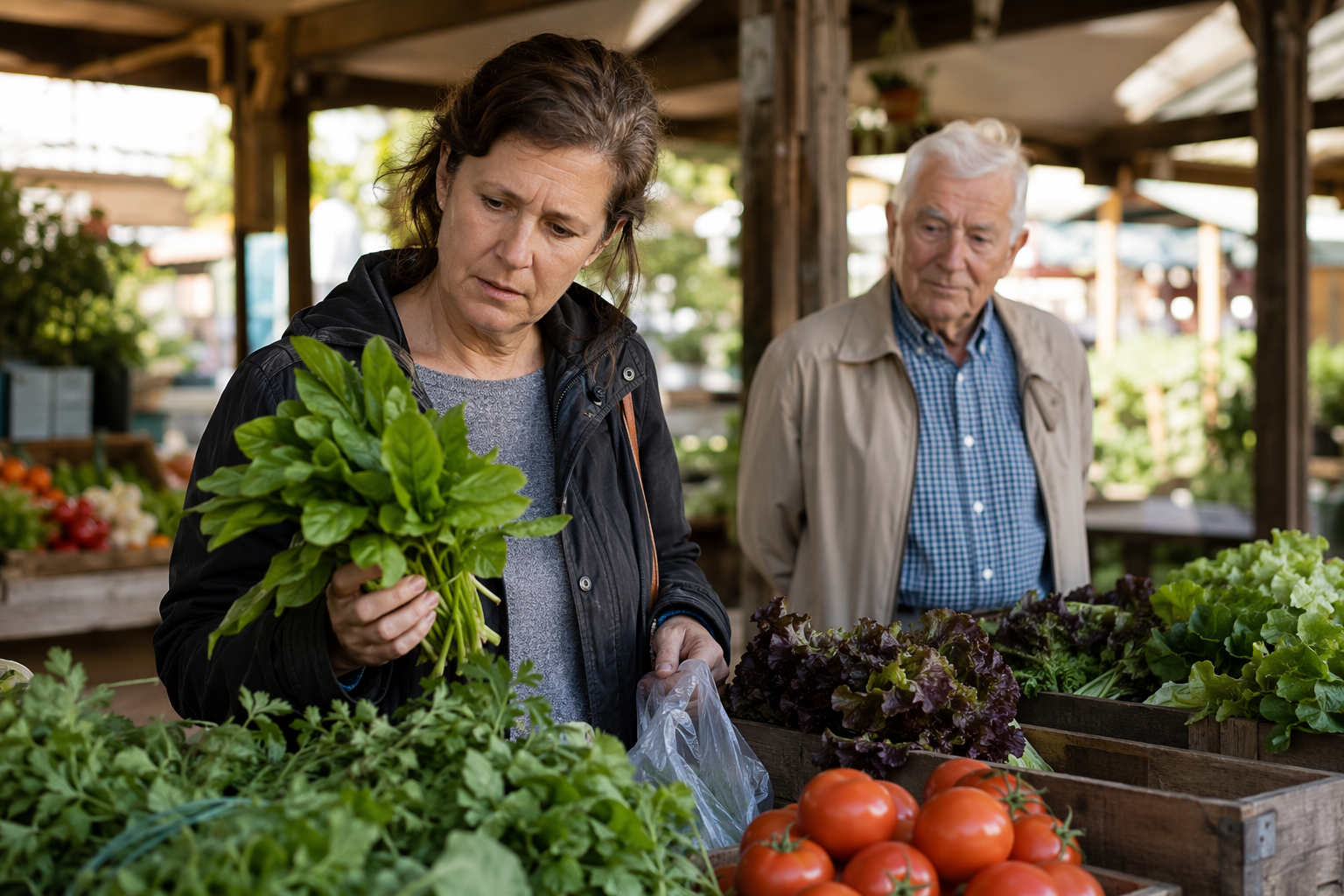 A caregiver examines leafy greens at a farm stand while an older man waits nearby