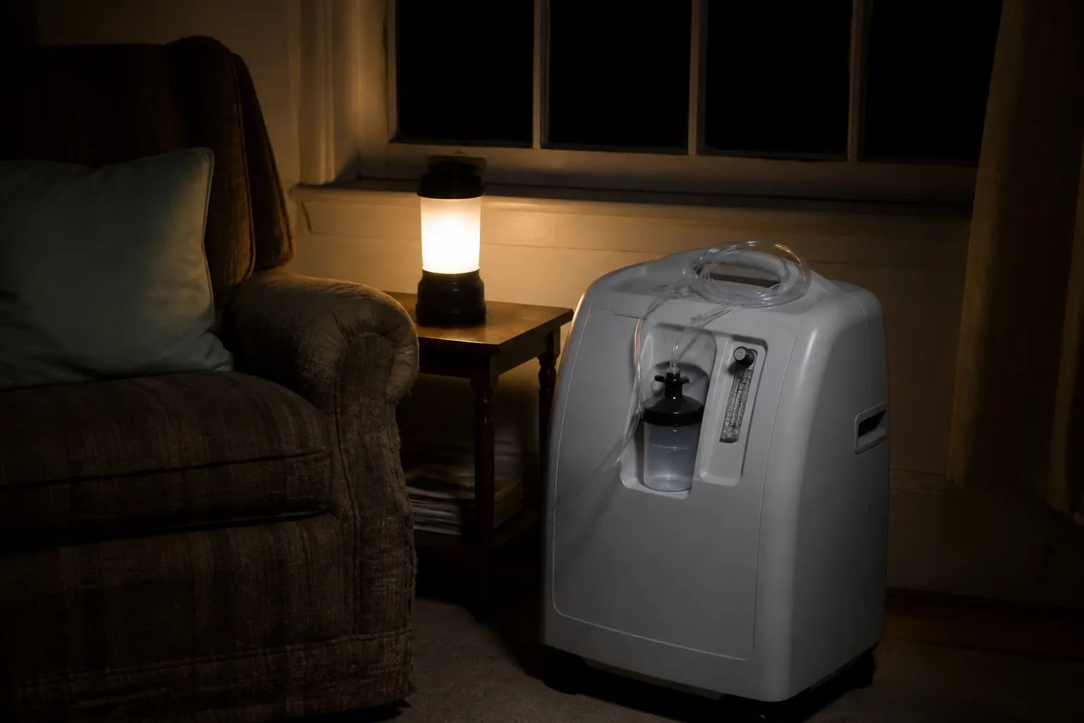 Home oxygen concentrator beside an armchair in a dim room during a power outage.