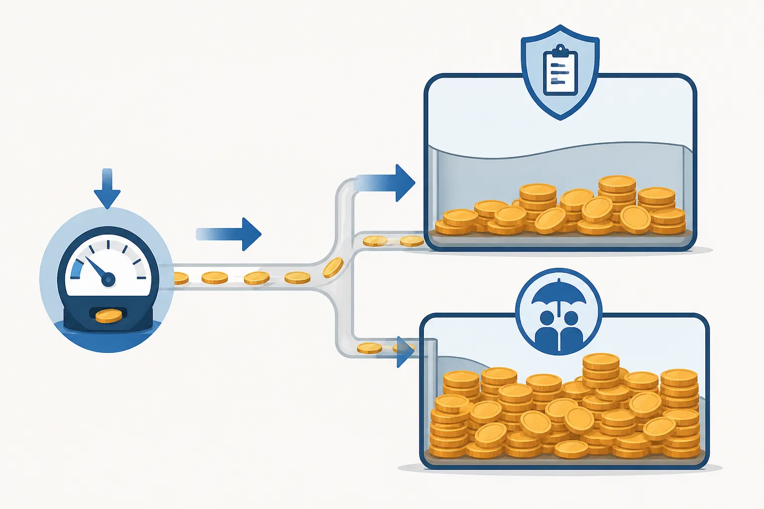 Coins moving from a small premium meter into larger deductible and coinsurance compartments