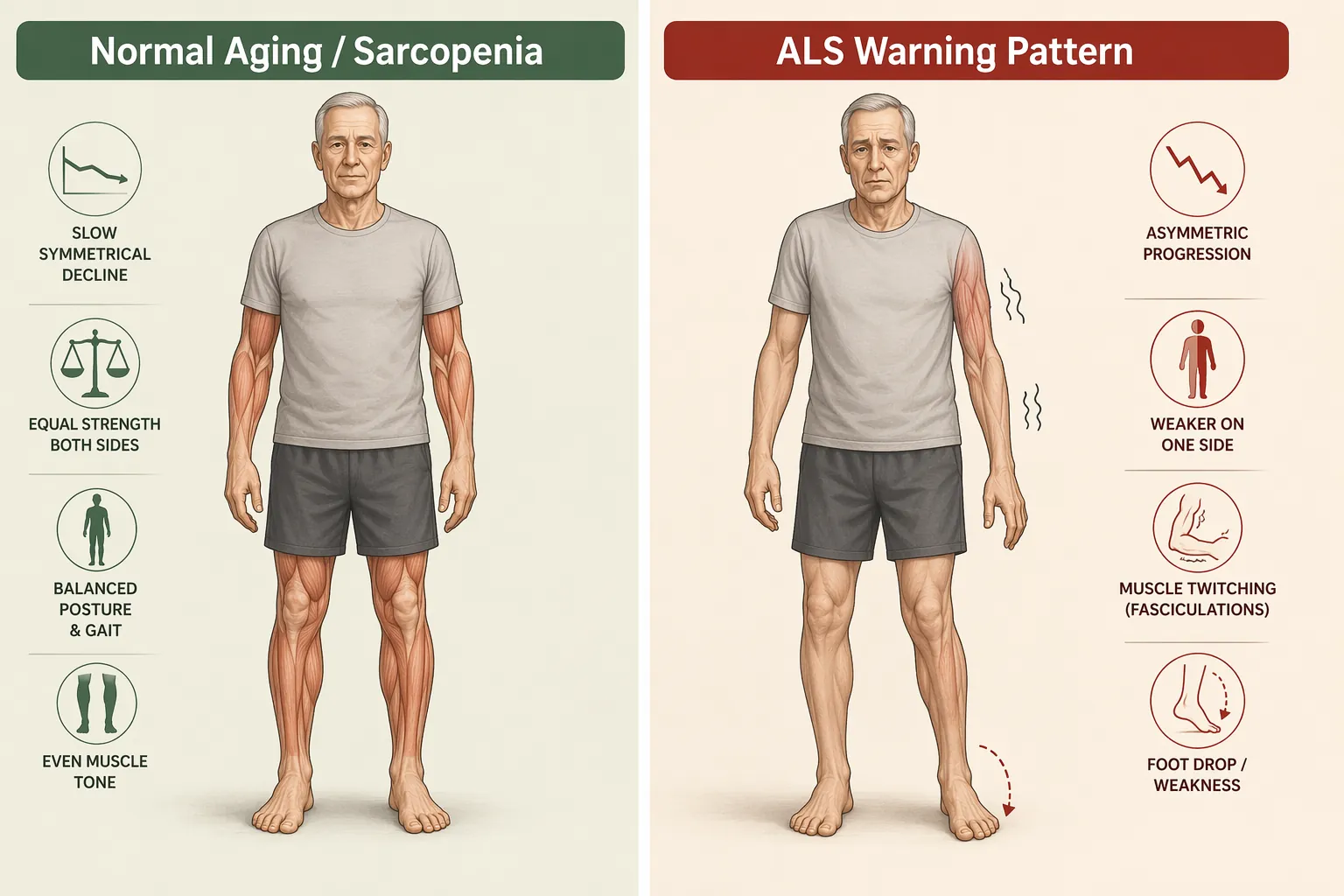 Comparison of symmetrical age-related muscle loss and asymmetric weakness with foot drop and twitching