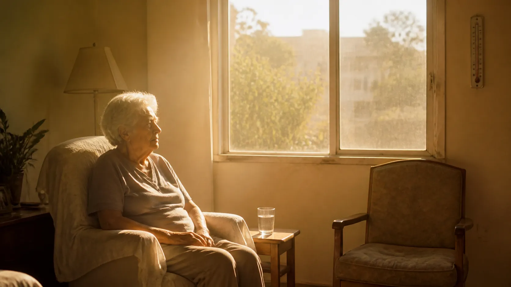 An older adult sits alone in a sunlit living room during a heatwave with a thermometer and glass of water nearby