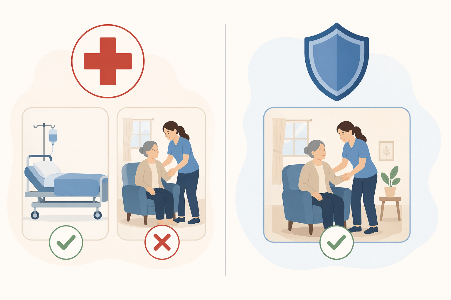 A two-panel illustration: left panel shows a medical cross icon with a red X over a custodial home care icon; right panel shows a shield icon with a green checkmark over the same custodial care icon.