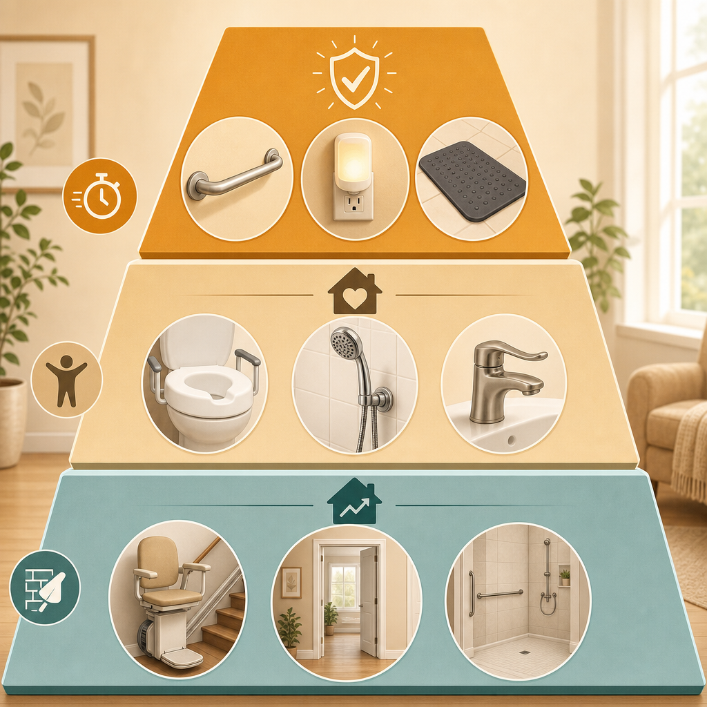 An editorial illustration showing a three-tier priority framework with three horizontal bands: top tier Quick Wins with grab bar and non-slip iconography, middle tier Smart Living with raised toilet and handheld shower icons, bottom tier Future Ready with stair lift and widened doorway icons, arranged in a staggered pyramid layout with warm amber to soft teal background tones.