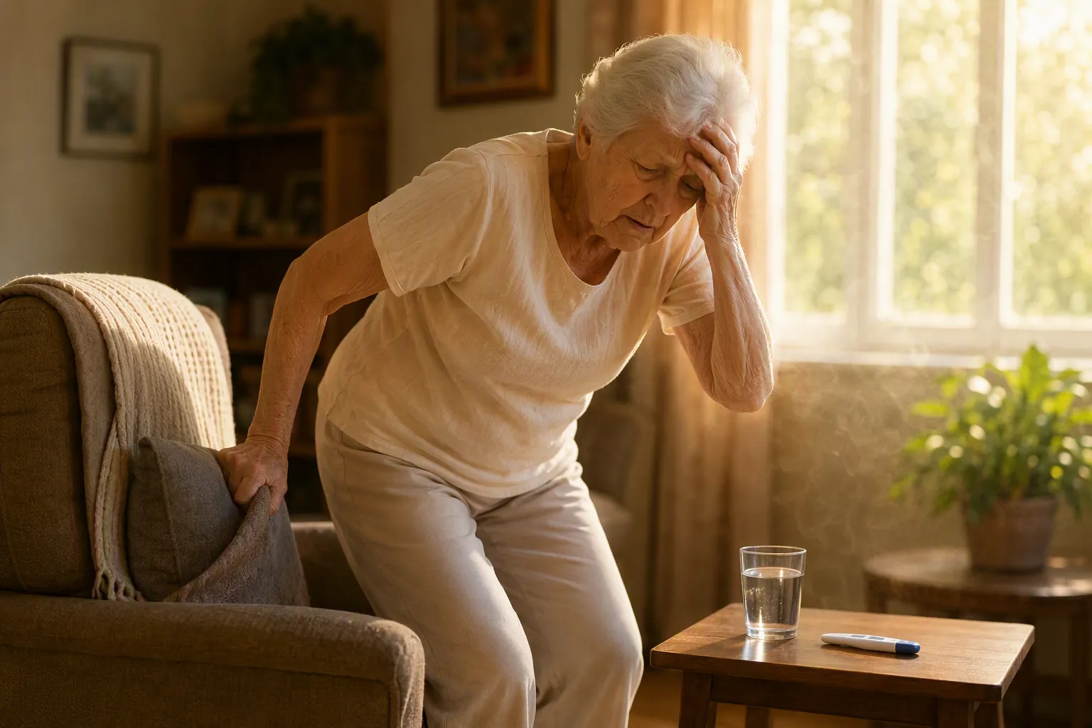 An older woman in a warm living room steadies herself while rising from an armchair, with water and a thermometer nearby