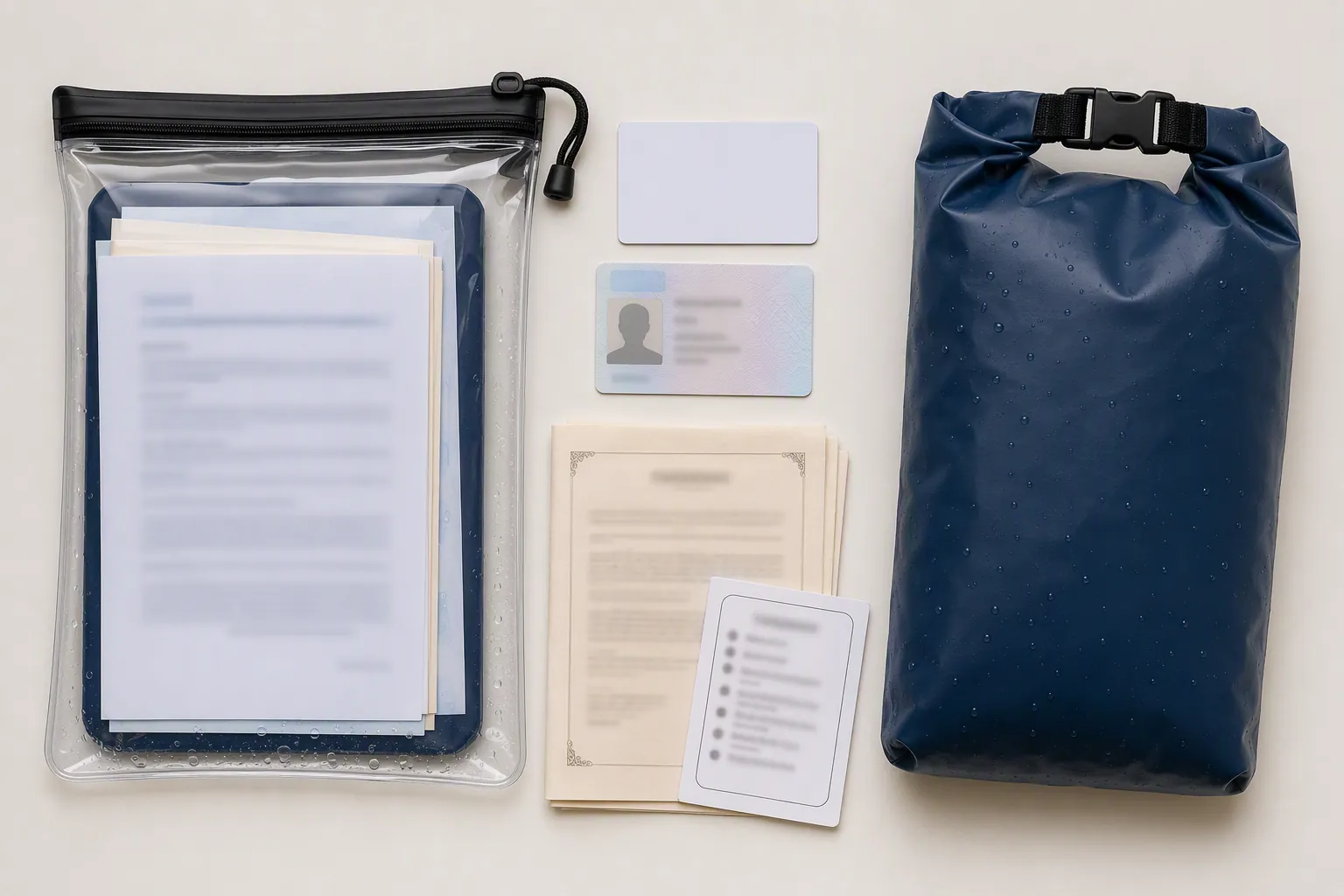 Waterproof emergency document kit with a clear pouch, paper documents, insurance-style card, emergency contact card, and dry-bag sleeve