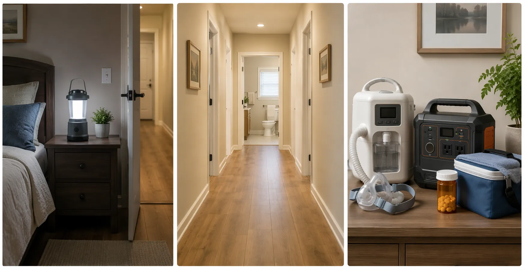 Three safety vignettes showing a bedside lantern, a clear hallway, and a medical device with backup power and medication cooling nearby