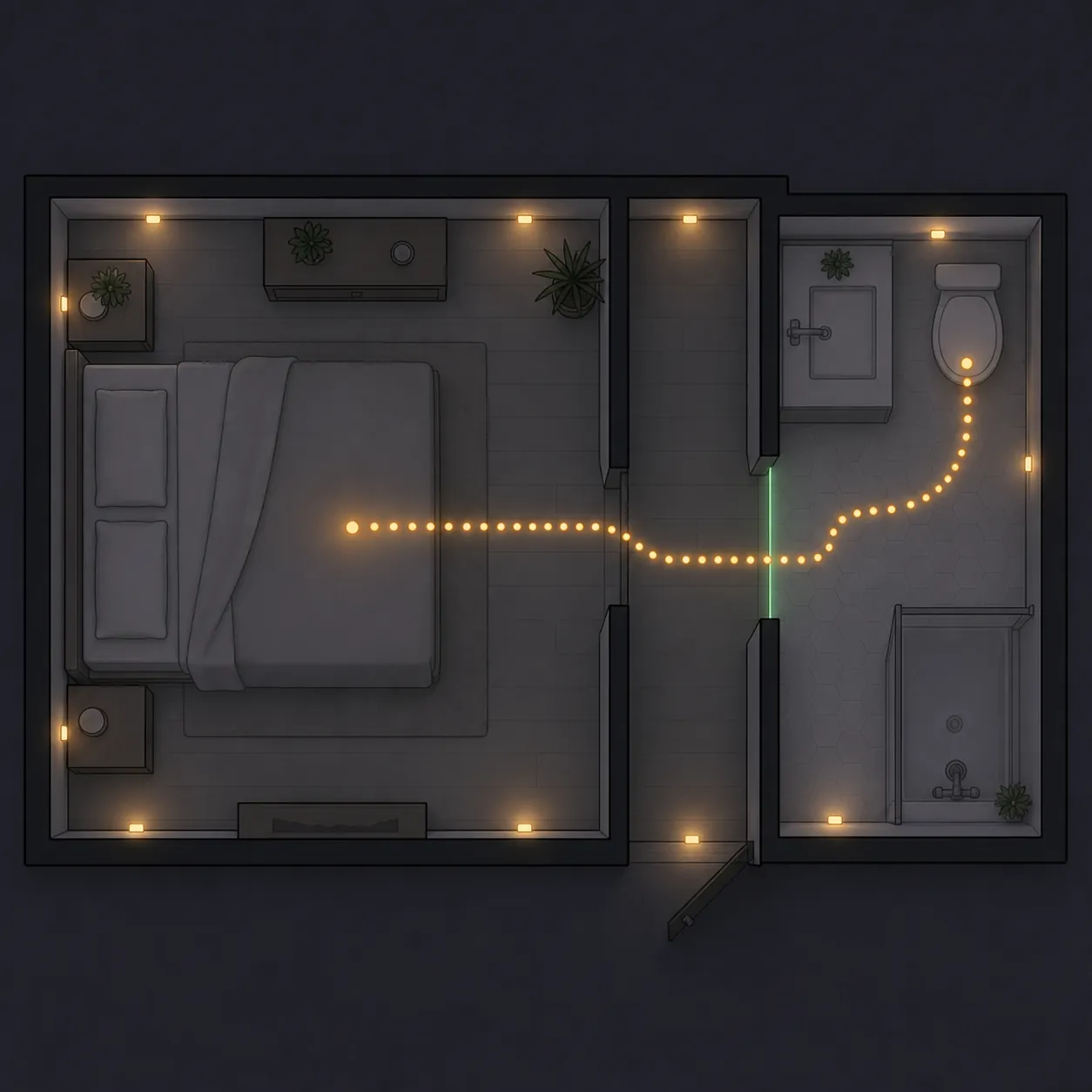 Floor plan showing a glowing path from bed to toilet with low lighting points and a highlighted bathroom threshold