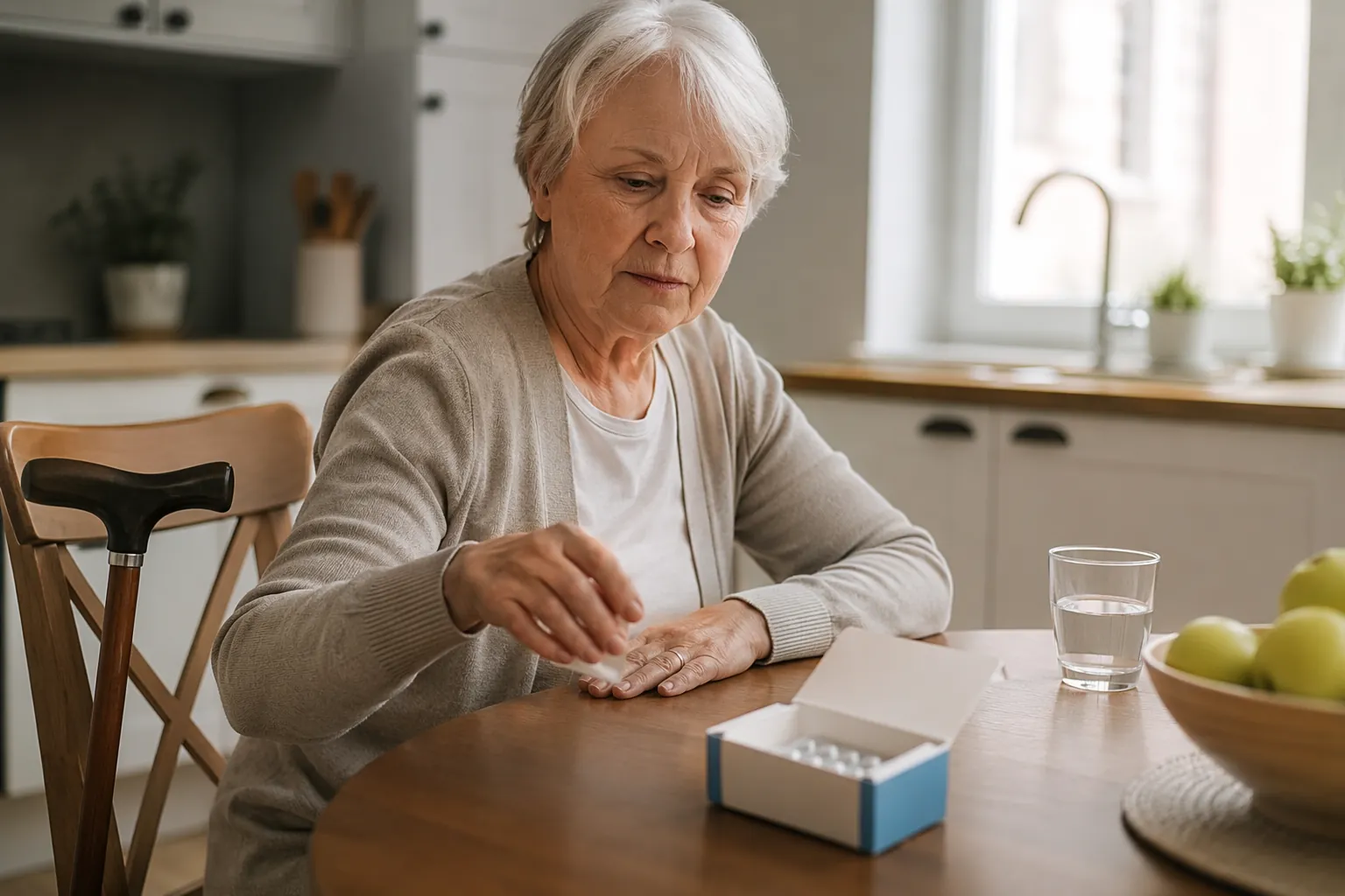 Older adult seated at a kitchen table with allergy medication nearby and a cane resting against the chair