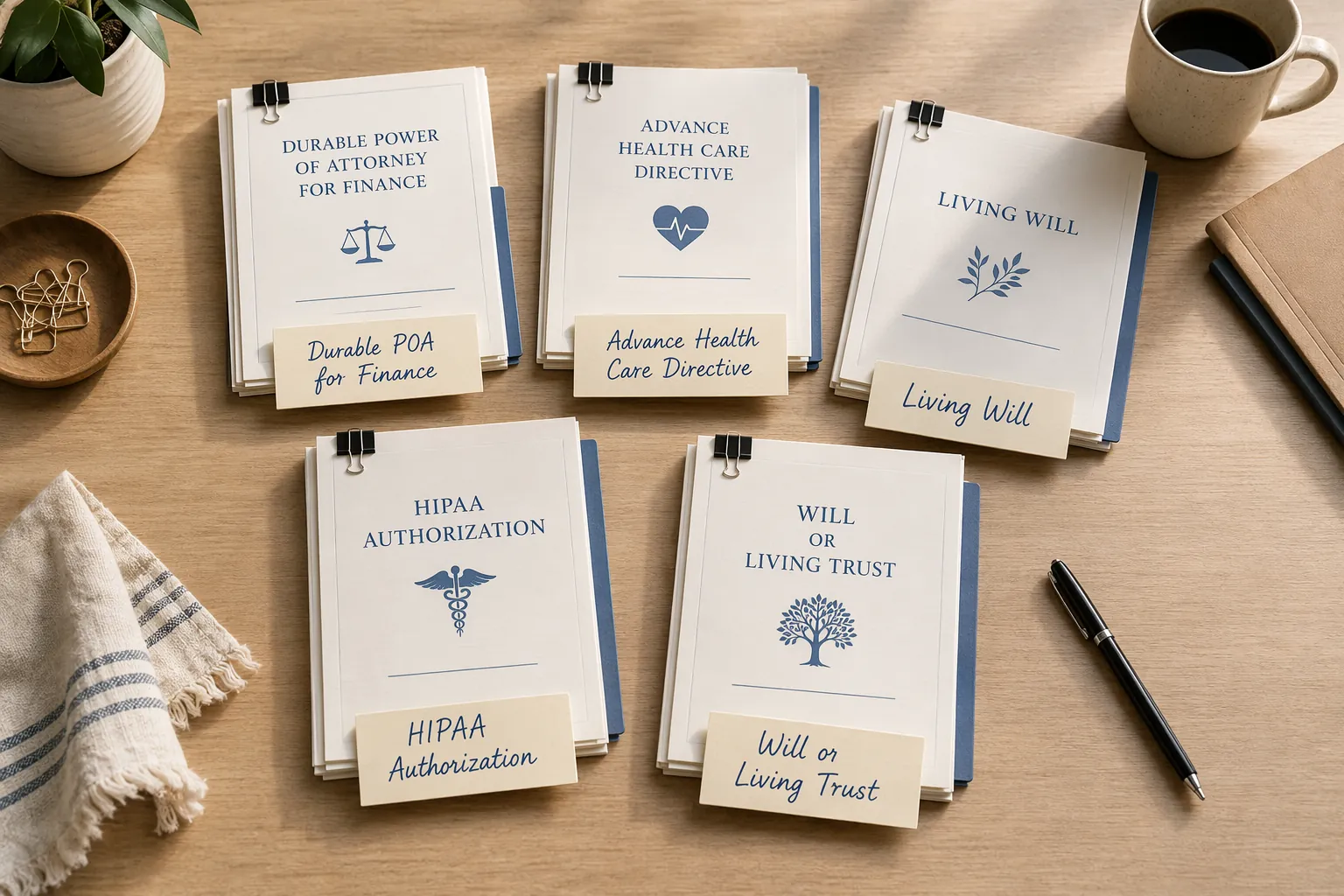 Five labeled document stacks for incapacity planning arranged on a light wooden desk