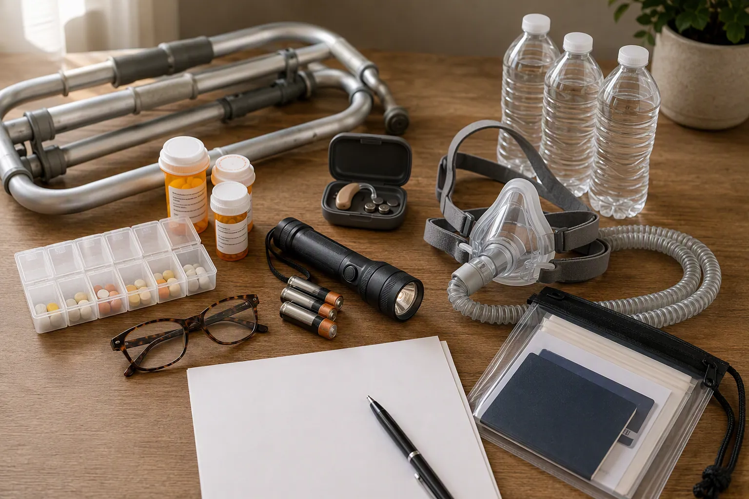 Senior-specific flood preparedness items including medications, walker, flashlight, hearing aid case, CPAP mask, bottled water, document pouch, and printed checklist