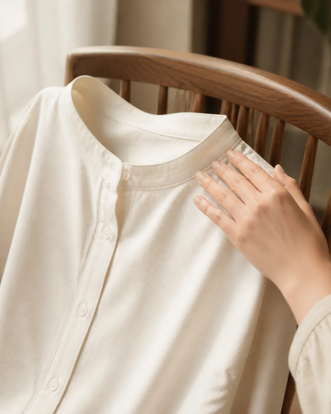Soft tag-free cream shirt with flat neckline and front button placket on a chair