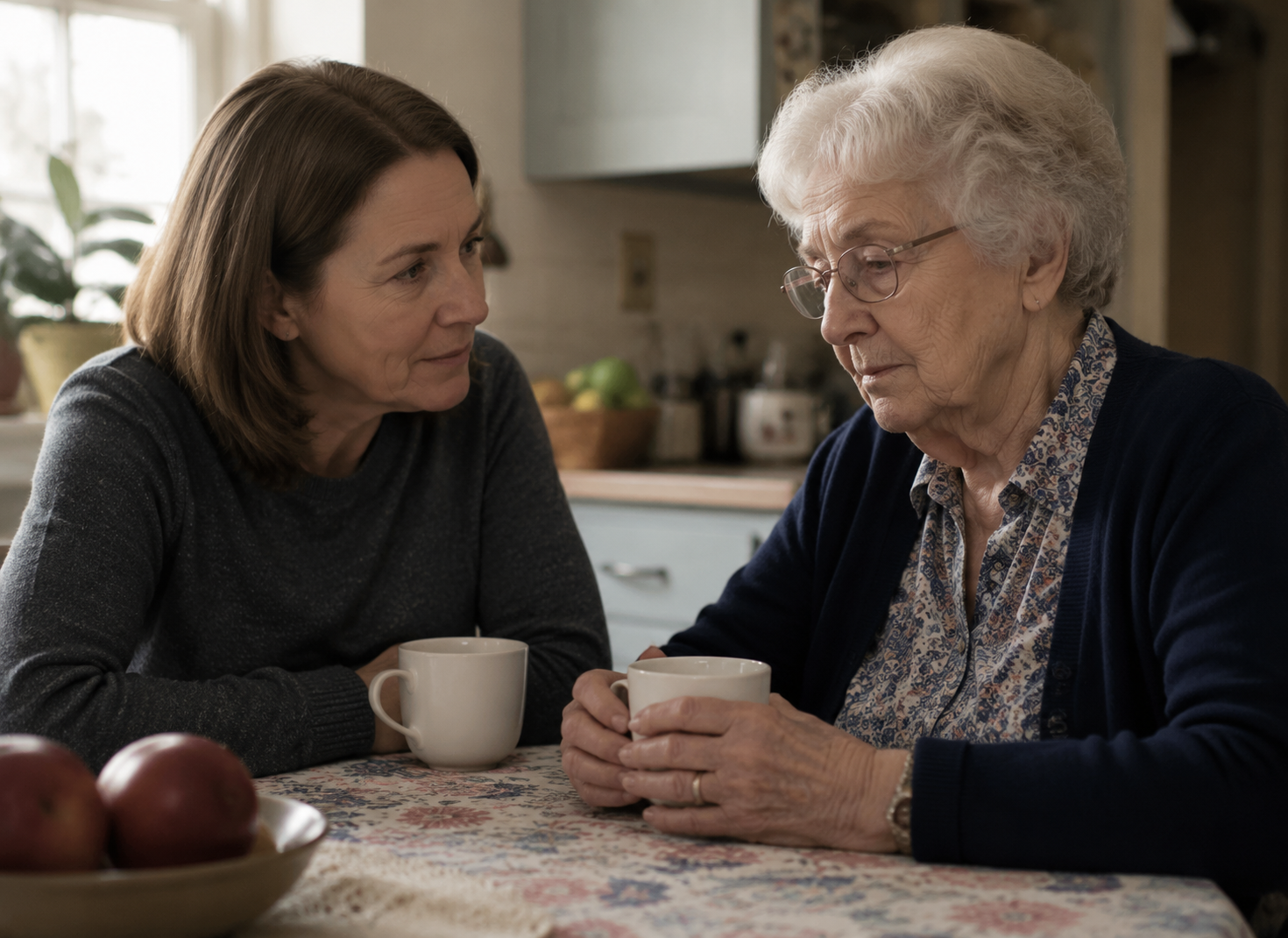 Adult daughter gently observes her withdrawn elderly mother at a kitchen table