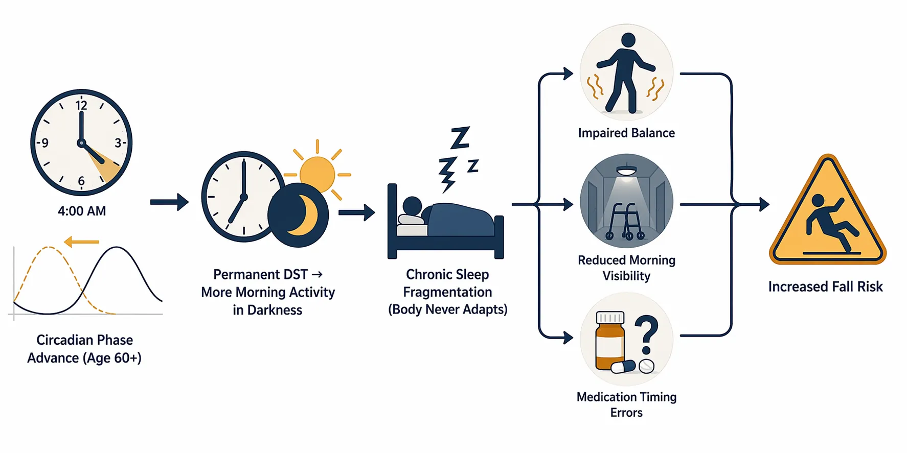Flow diagram showing aging circadian phase advance, permanent daylight saving time, sleep fragmentation, impaired balance, reduced visibility, medication timing errors, and increased fall risk