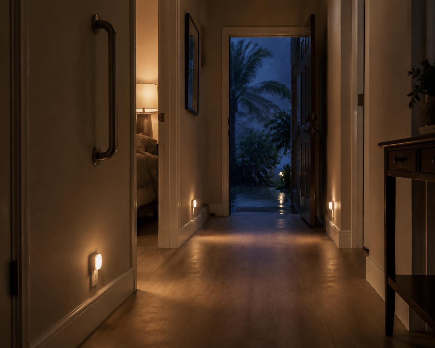 Dim hallway with battery-operated motion lights, a grab bar near a doorway, and a clear floor without rugs or cords