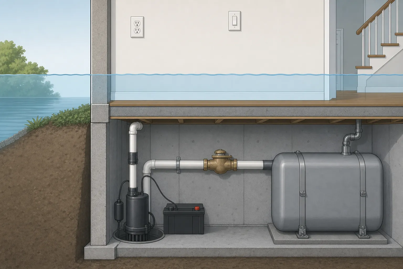 Cross-section illustration of flood hardening with elevated outlets, sump pump backup battery, backflow valve, and anchored fuel tank